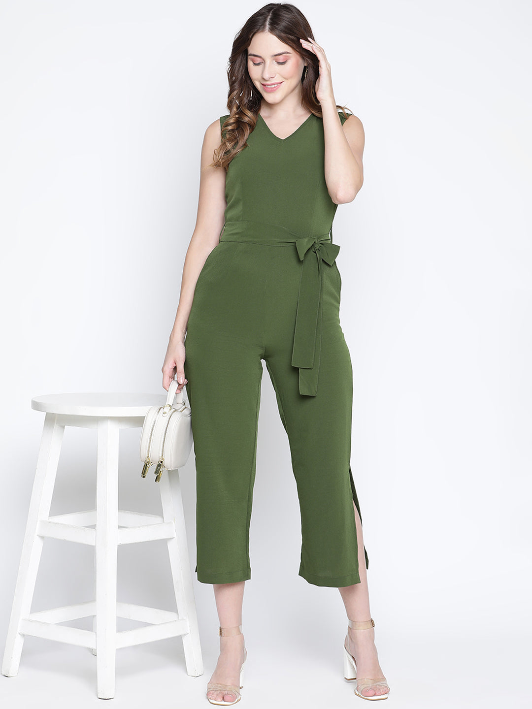 Ankle Length,Green Jumpsuit,Ankle Length Jumpsuit,V-Neck Jumpsuit,Short Sleeves Jumpsuit,Green Solid Jumpsuit