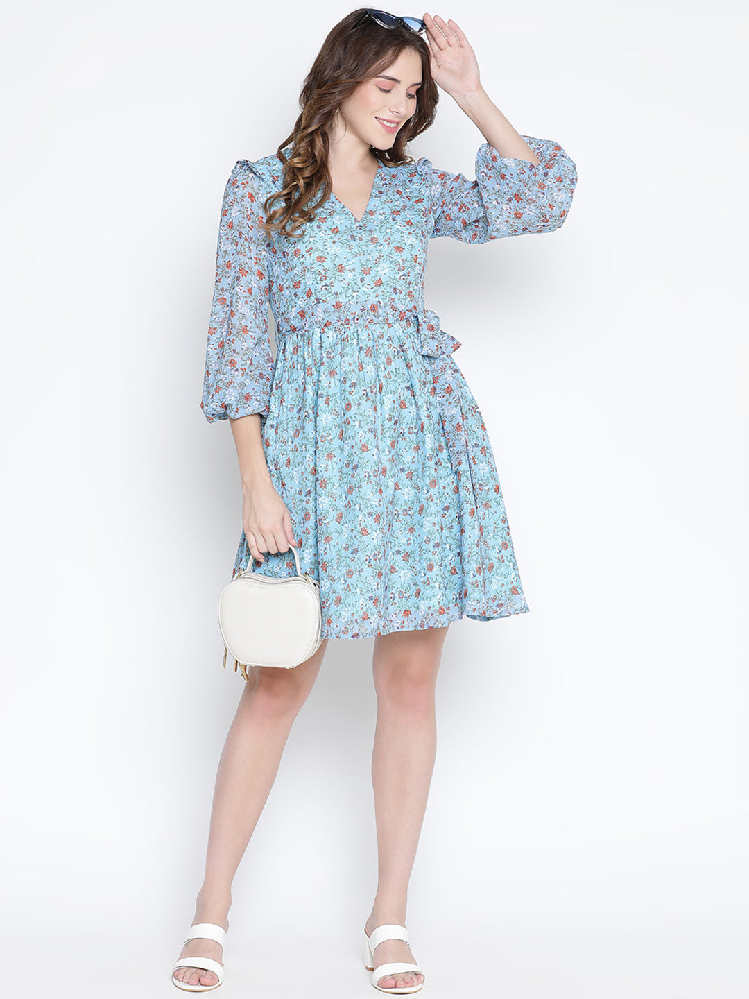 Knee Length,Blue Dress,Knee Length Dress,V-Neck Dress,Short Sleeves Dress,Blue Floral Print Dress