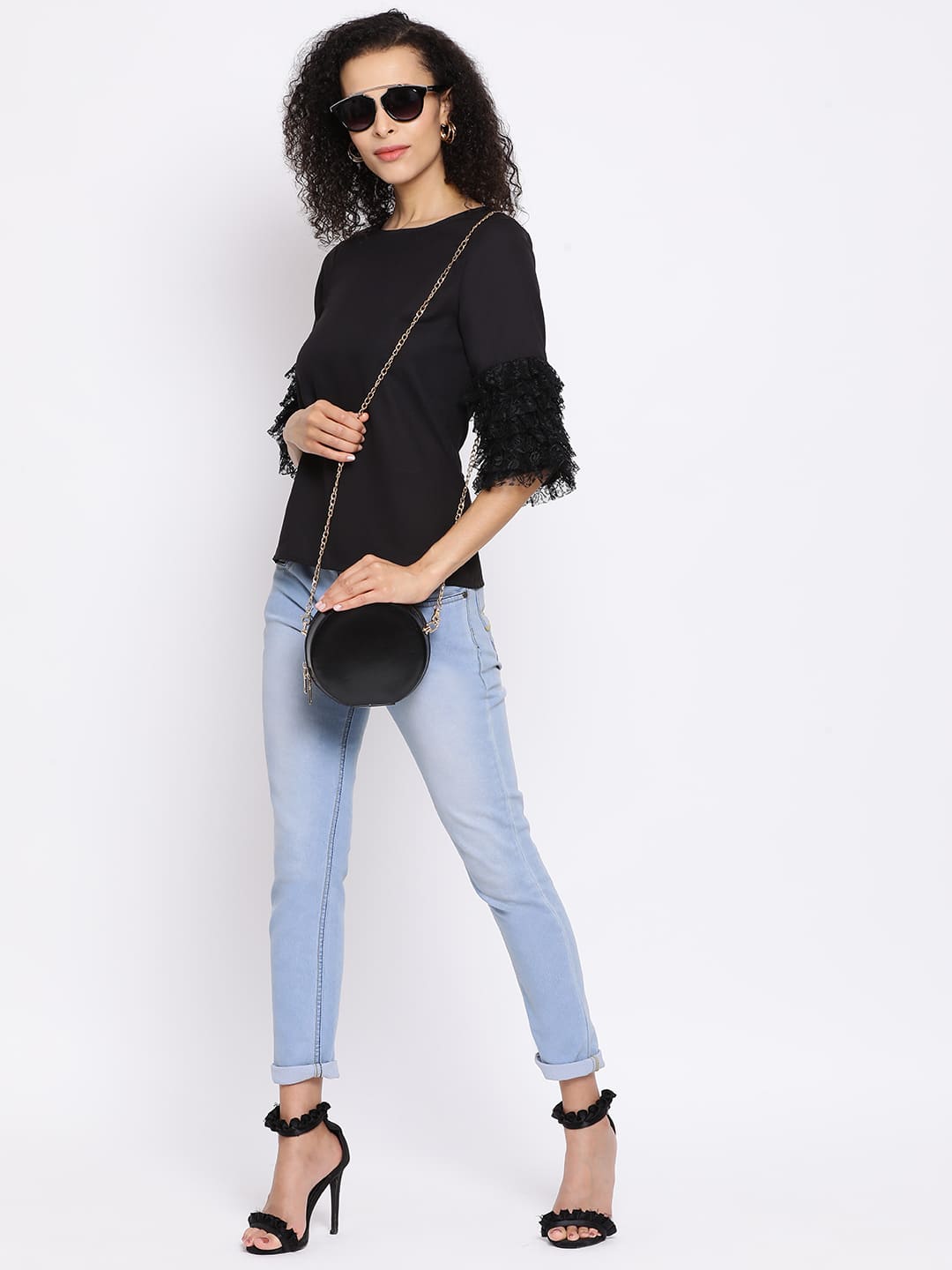 Regular,Black Top,Regular Top,Round Neck Top,Quater Sleeves Top,Black Solid Top