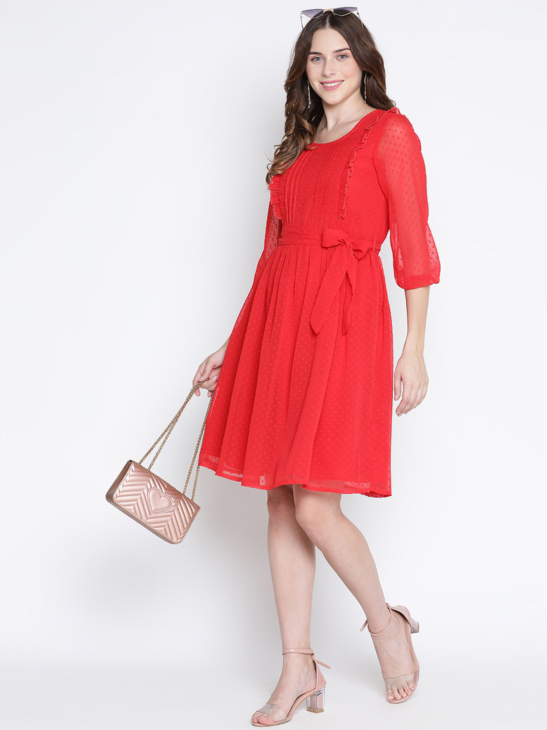 Knee Length,Red Dress,Knee Length Dress,Round Neck Dress,Quater Sleeves Dress,Red Solid Dress