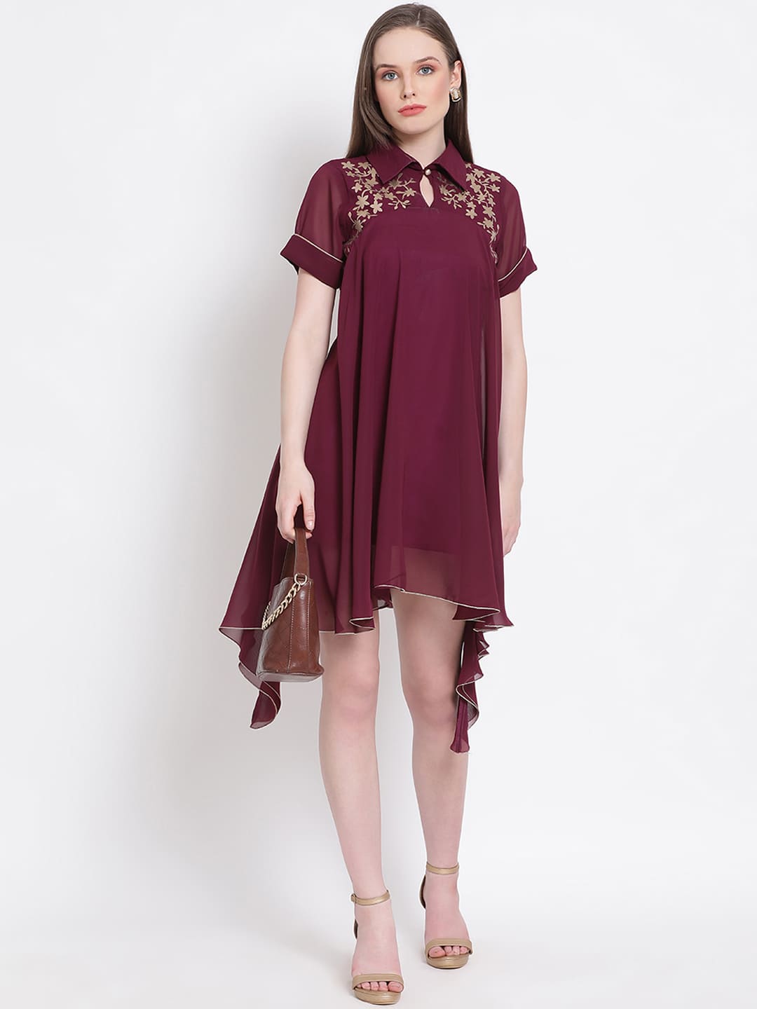 Above Knee,Maroon Dress,Above Knee Dress,Collared Neck Dress,Short Sleeves Dress,Maroon Embellished Dress