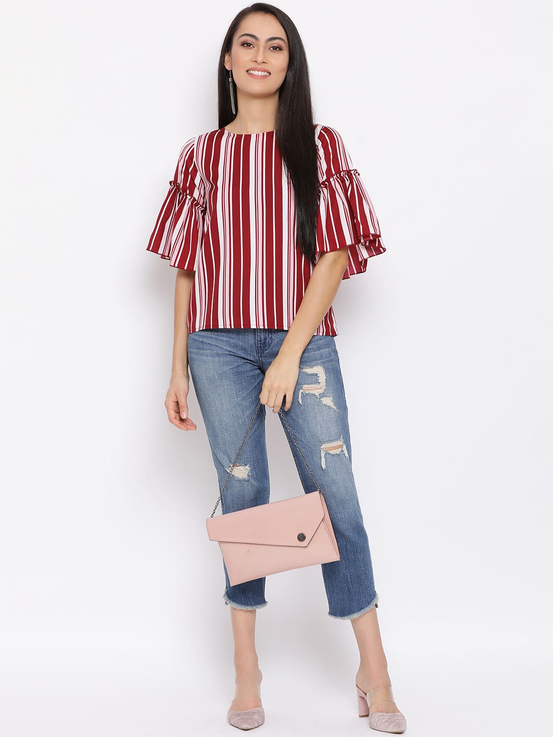 Regular,Red Top,Regular Top,Round Neck Top,Quater Sleeves Top,Red Stripes Top