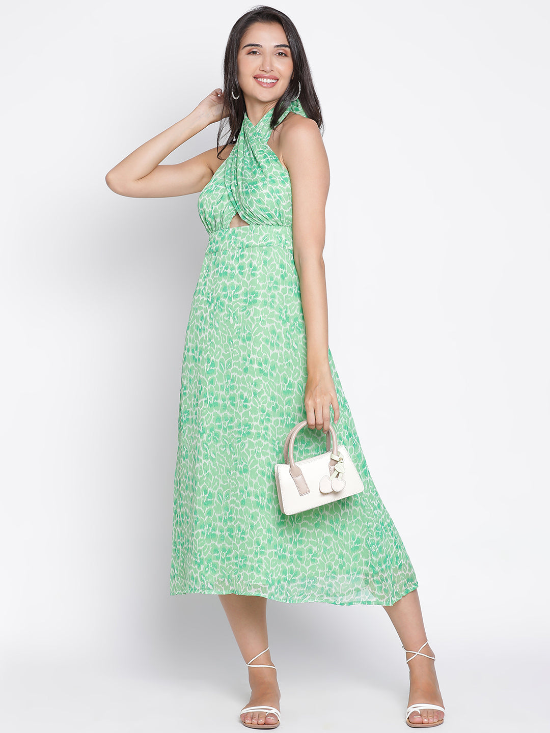 Midi,Green Dress,Midi Dress,Round Neck Dress,Sleeveless Dress,Green Floral Print Dress