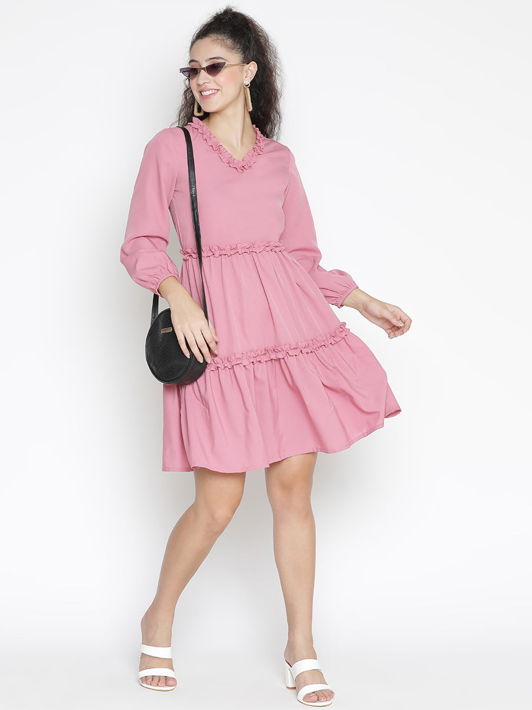 Knee Length,Pink Dress,Knee Length Dress,V-Neck Dress,Quater Sleeves Dress,Pink Solid Dress