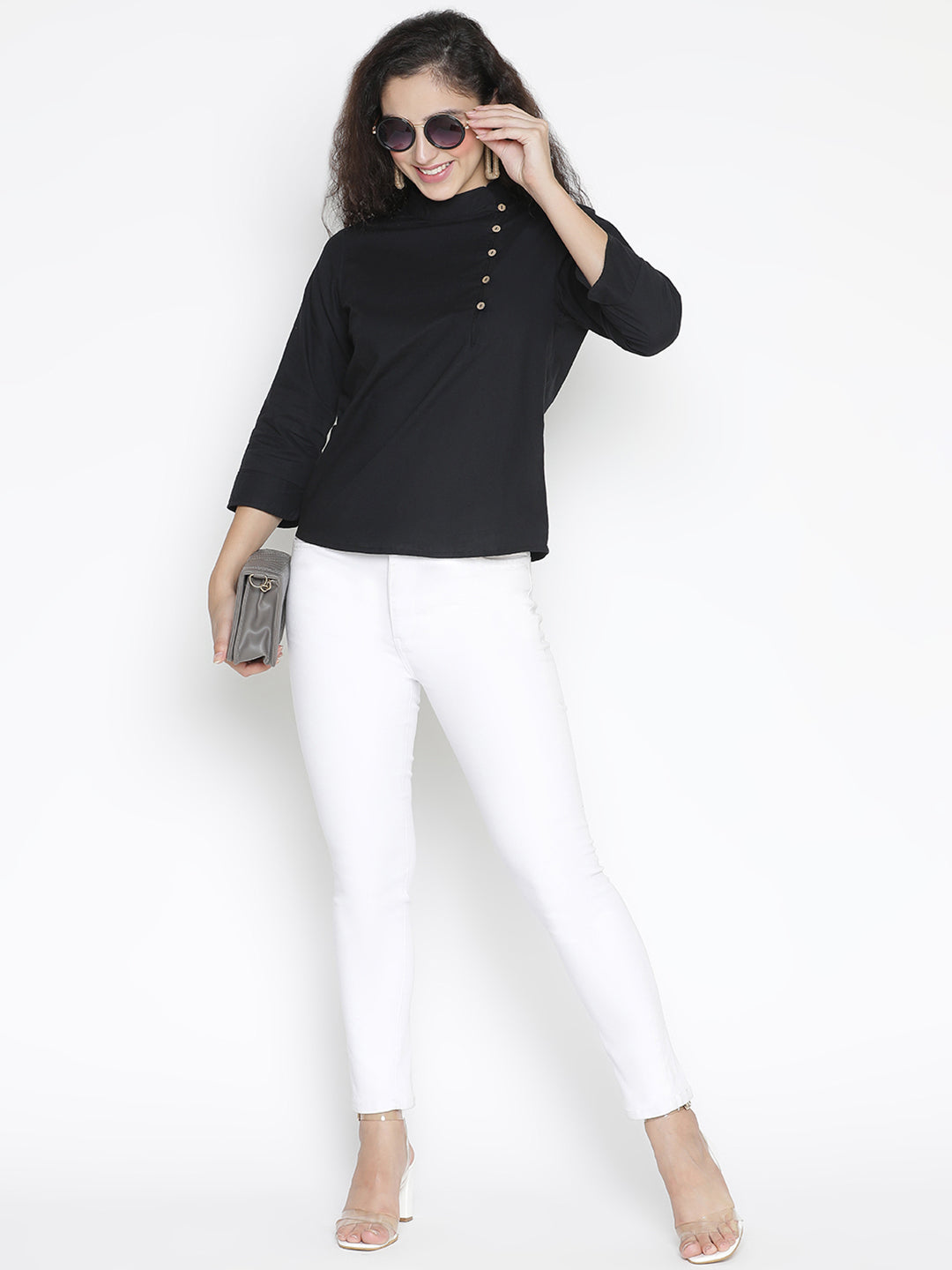 Regular,Black Top,Regular Top,Collared Neck Top,Quater Sleeves Top,Black Solid Top