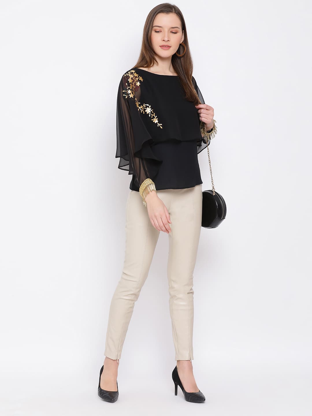 Regular,Black Top,Regular Top,Round Neck Top,Quater Sleeves Top,Black Embellished Top