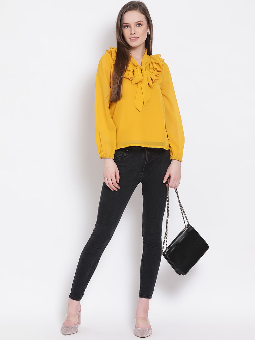 Regular,Yellow Top,Regular Top,V-Neck Top,Full Sleeves Top,Yellow Solid Top