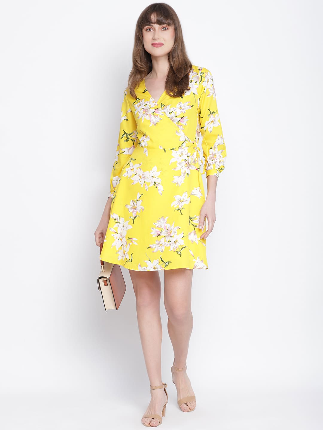 Knee Length,Yellow Dress,Knee Length Dress,V-Neck Dress,Quater Sleeves Dress,Yellow Floral Print Dress