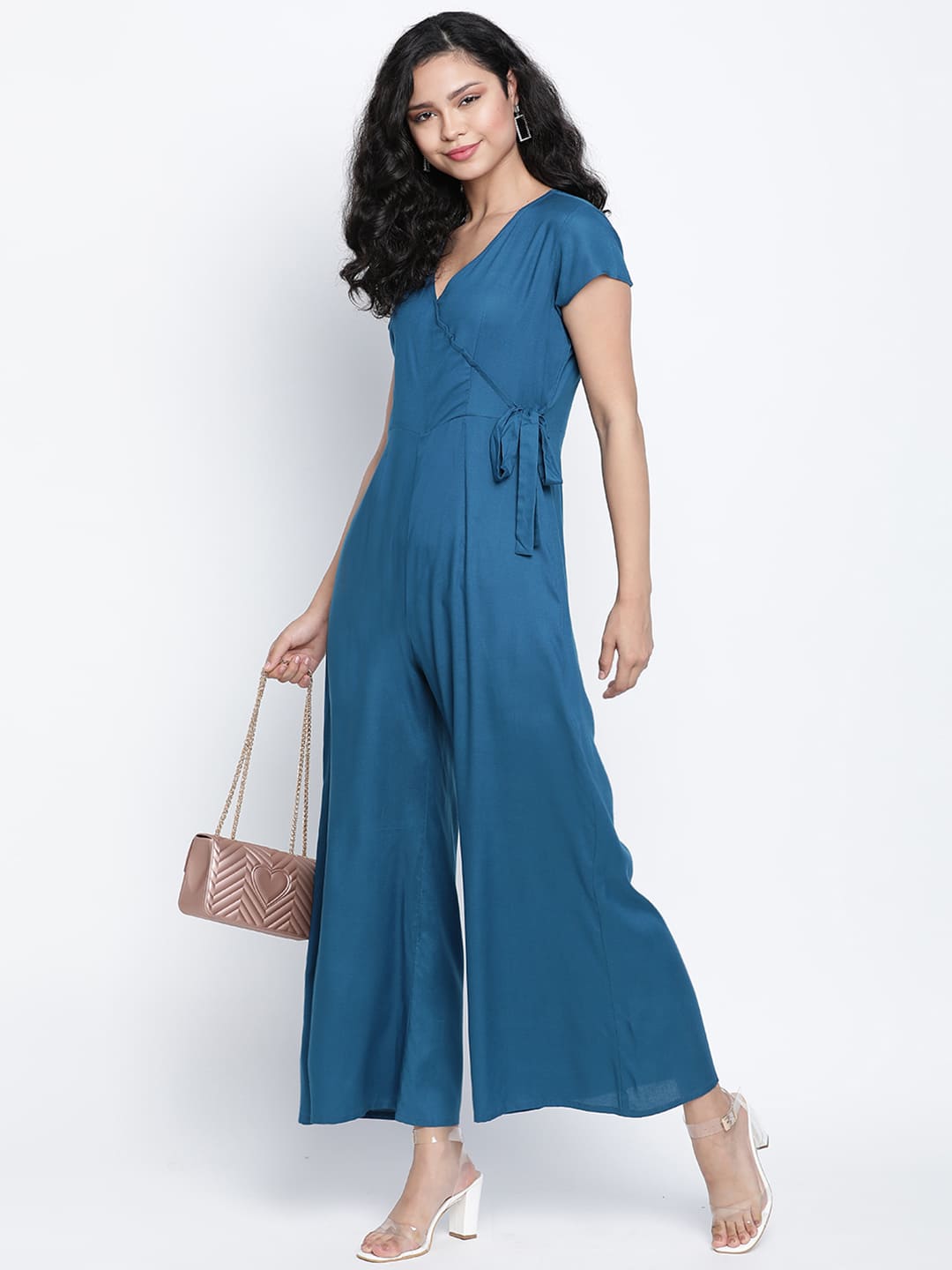 Ankle Length,Blue Jumpsuit,Ankle Length Jumpsuit,V-Neck Jumpsuit,Short Sleeves Jumpsuit,Blue Solid Jumpsuit