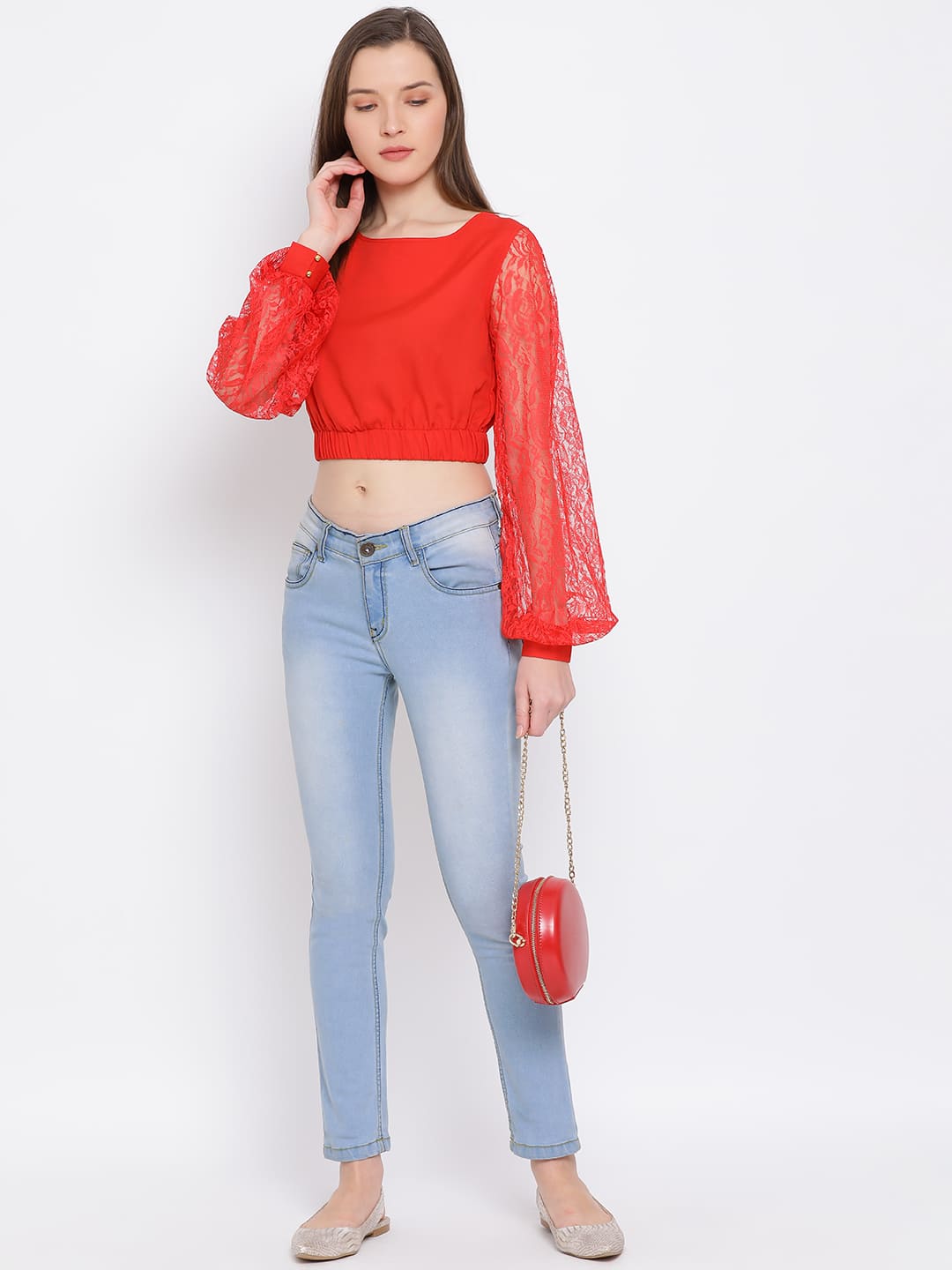 Crop Top,Red Top,Crop Top,Round Neck Top,Full Sleeves Top,Red Solid Top