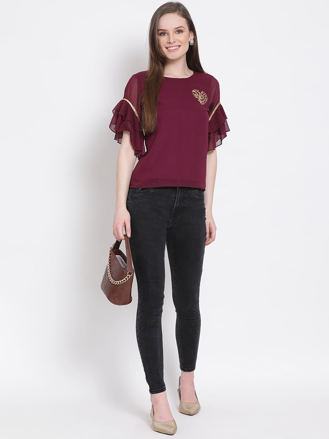 Regular,Maroon Top,Regular Top,Round Neck Top,Quater Sleeves Top,Maroon Embellished Top