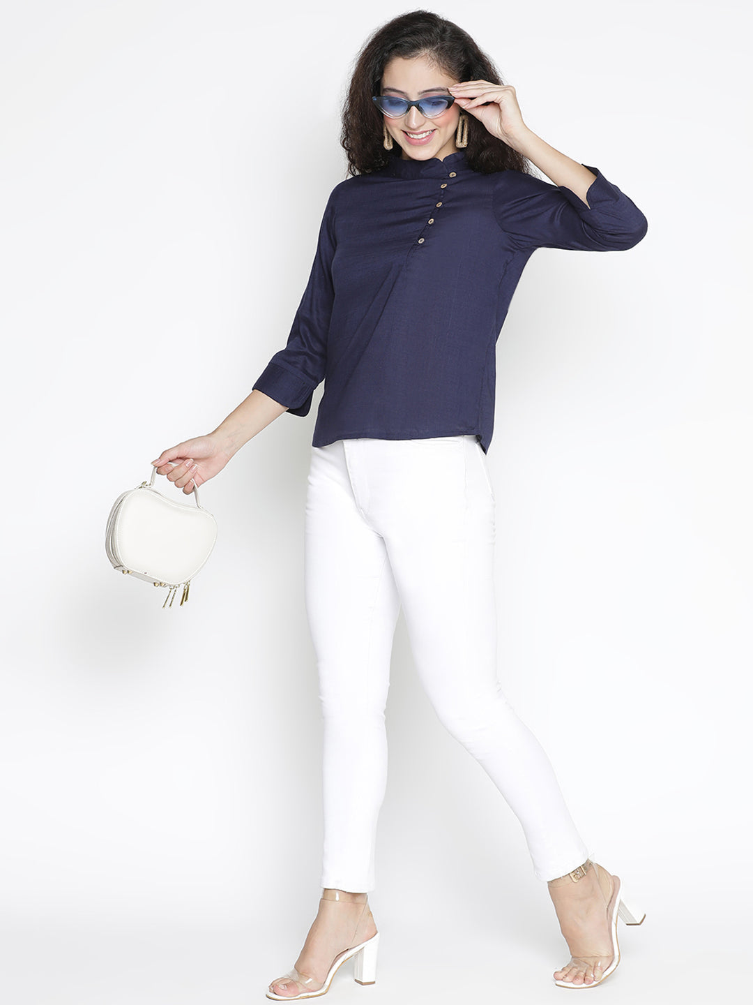 Regular,Blue Top,Regular Top,Collared Neck Top,Quater Sleeves Top,Blue Solid Top