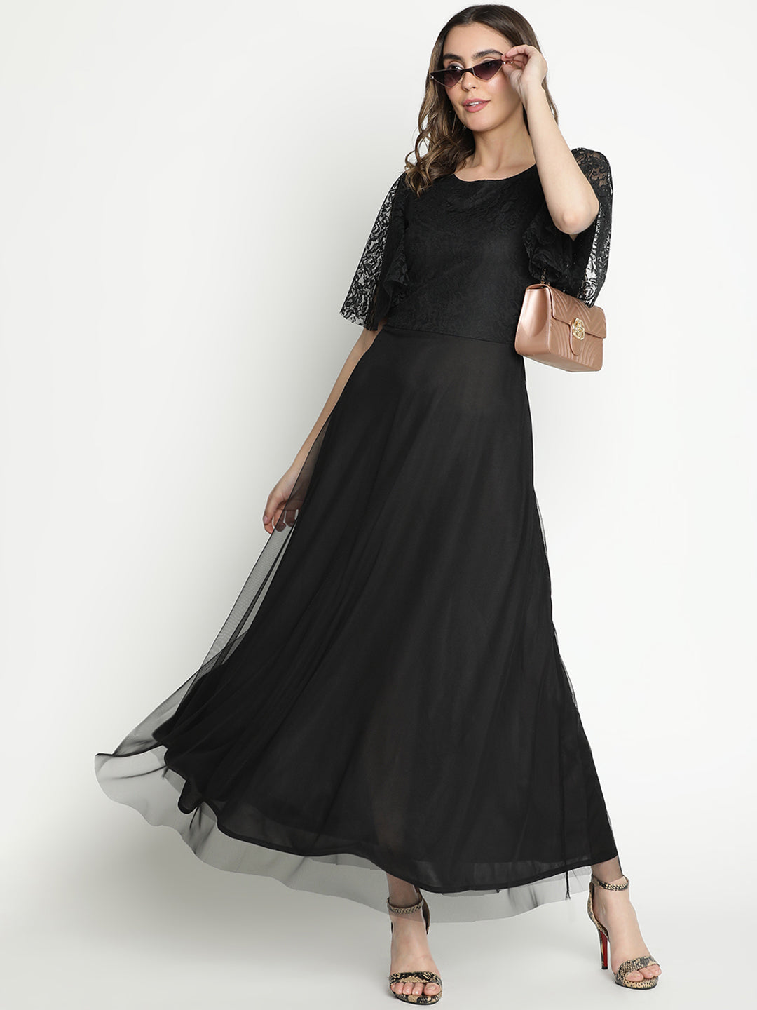 Maxi,Black Dress,Maxi Dress,Round Neck Dress,Short Sleeves Dress,Black Solid Dress