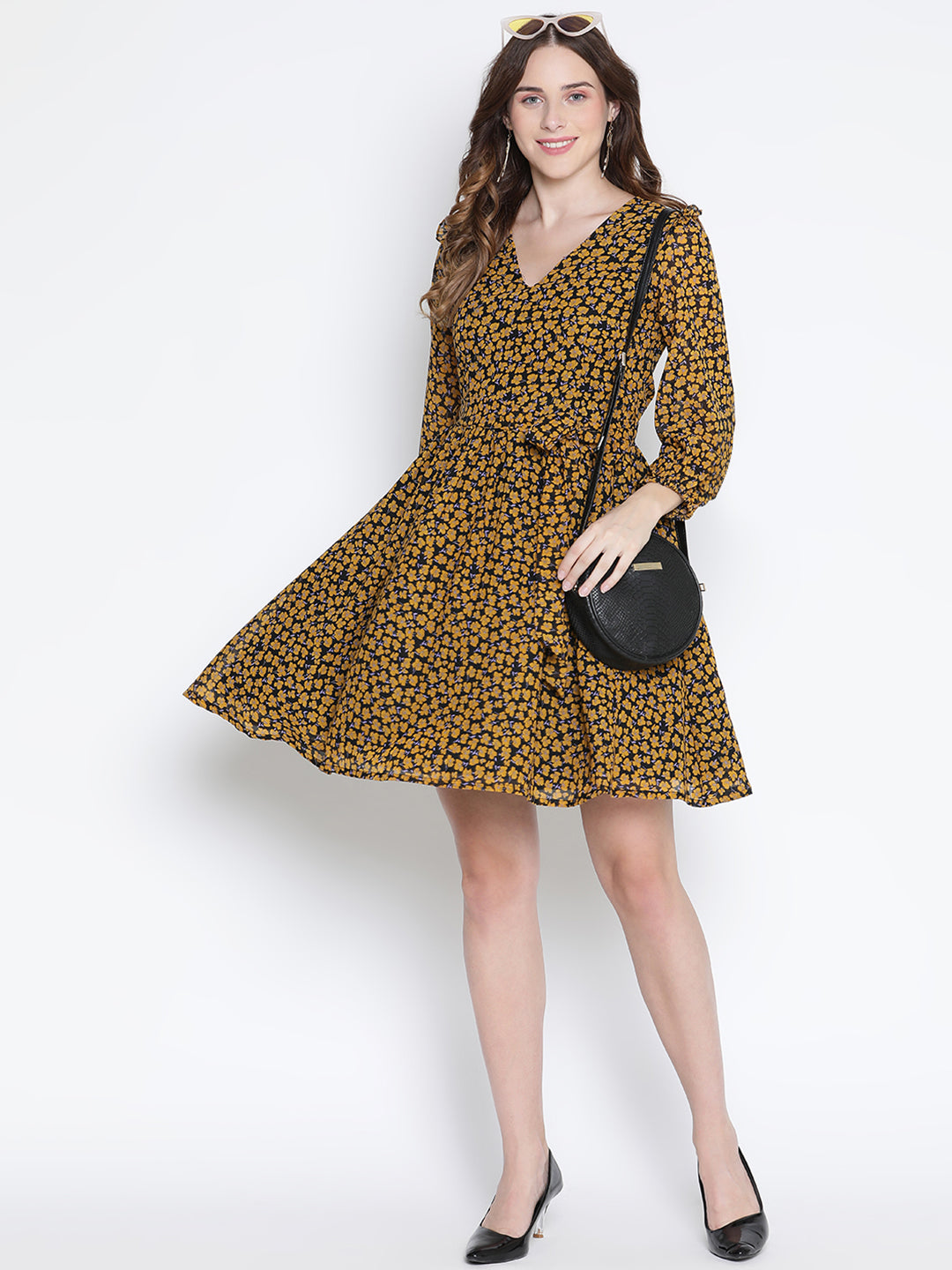 Knee Length,Yellow Dress,Knee Length Dress,V-Neck Dress,Full Sleeves Dress,Yellow Floral Print Dress