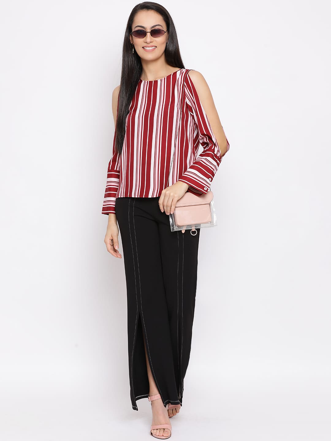 Regular,Red Top,Regular Top,Round Neck Top,Full Sleeves Top,Red Stripes Top