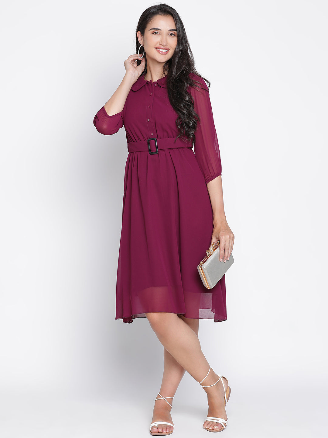 Knee Length,Maroon Dress,Knee Length Dress,Collared Neck Dress,Quater Sleeves Dress,Maroon Solid Dress