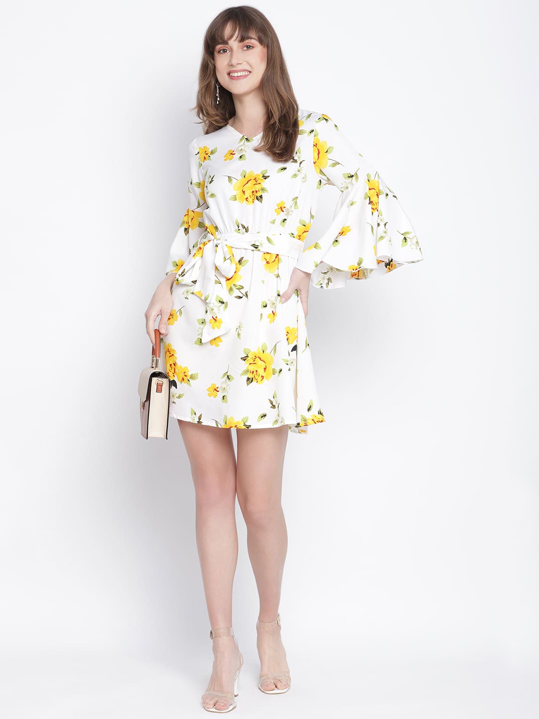 Knee Length,White Dress,Knee Length Dress,V-Neck Dress,Quater Sleeves Dress,White Floral Print Dress