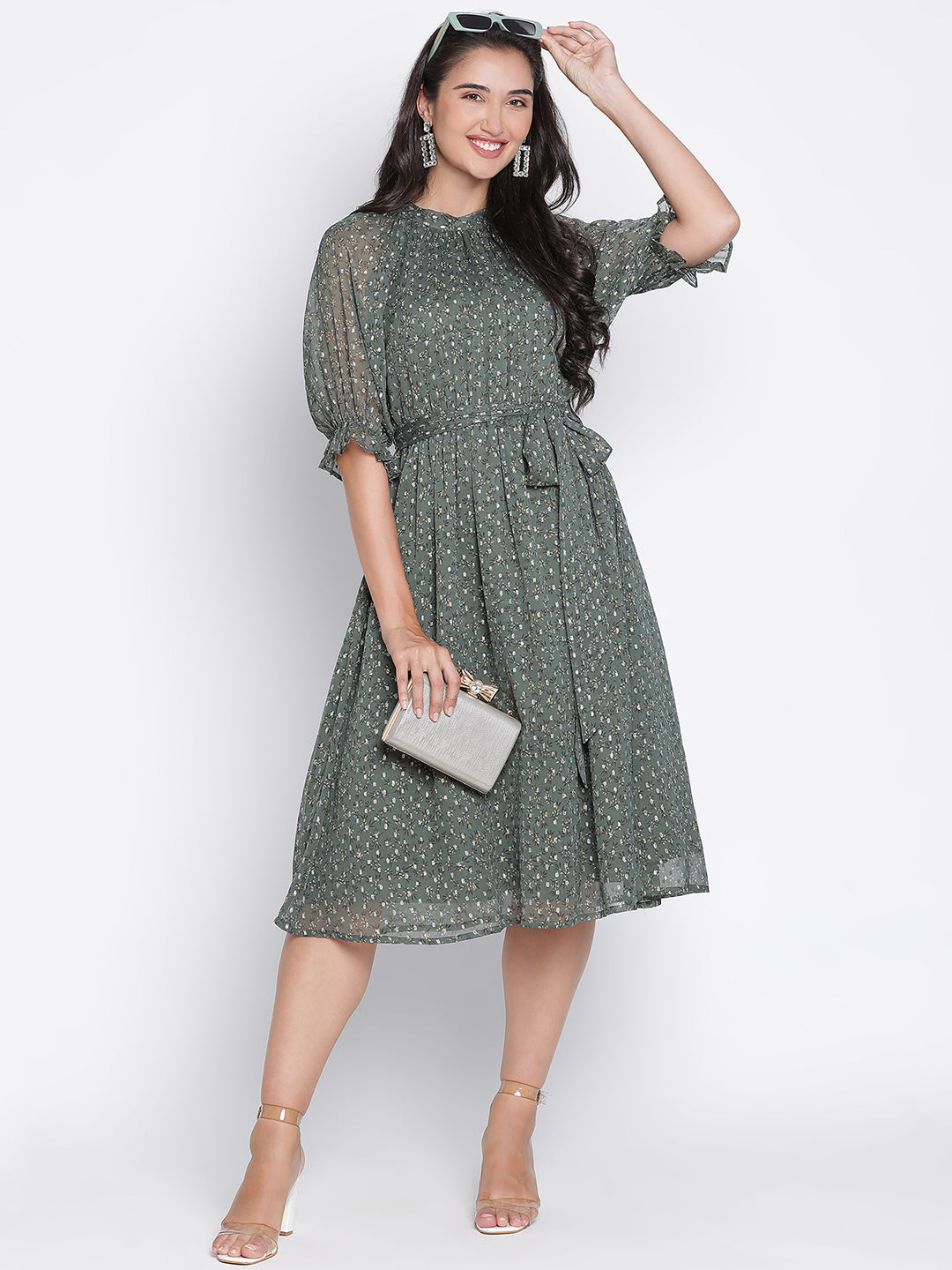 Knee Length,Green Dress,Knee Length Dress,Round Neck Dress,Short Sleeves Dress,Green Printed Dress