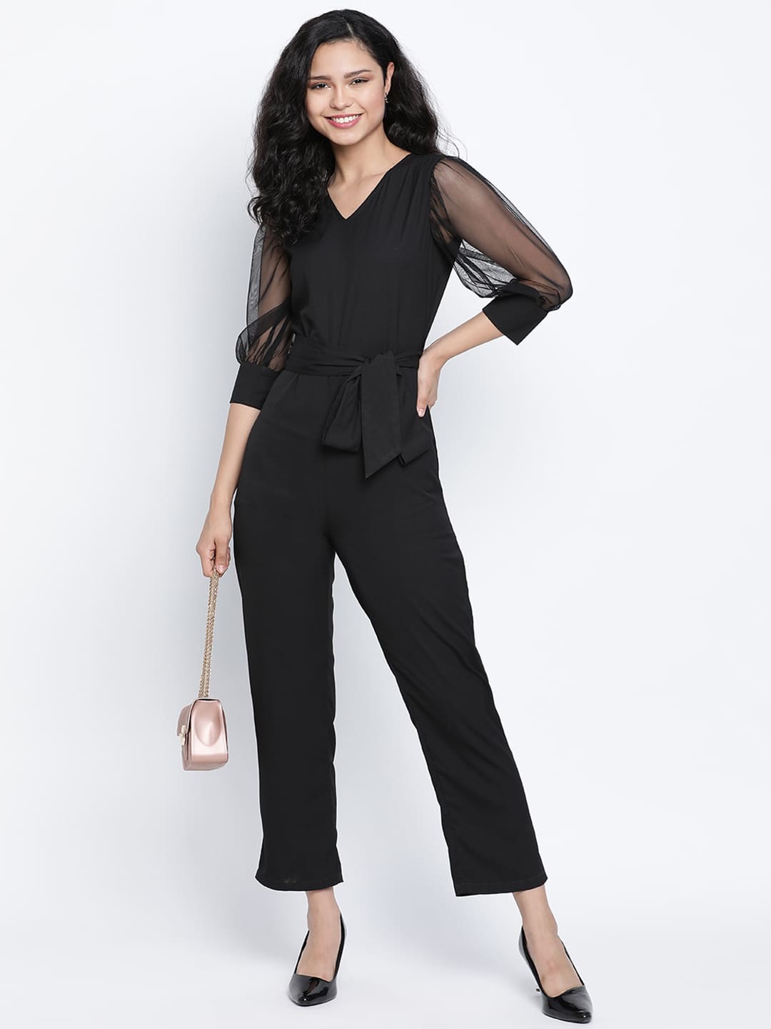 Ankle Length,Black Jumpsuit,Ankle Length Jumpsuit,V-Neck Jumpsuit,Quater Sleeves Jumpsuit,Black Solid Jumpsuit