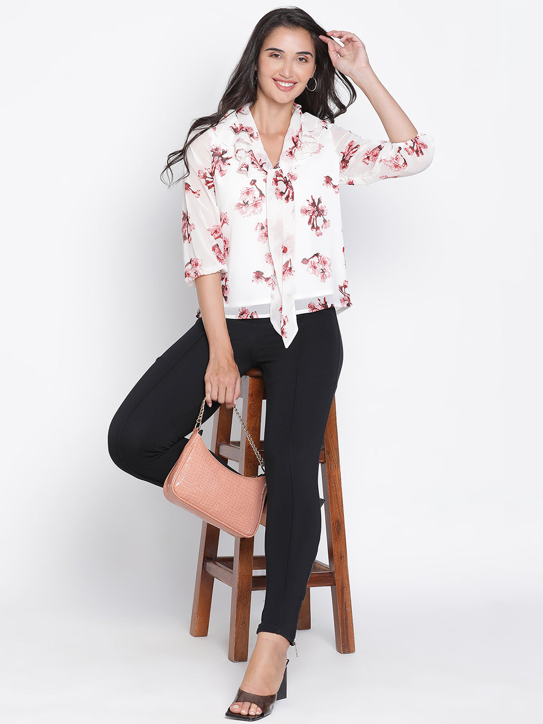 Regular,White Top,Regular Top,V-Neck Top,Quater Sleeves Top,White Floral Print Top