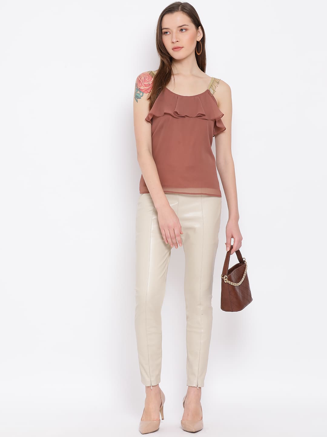 Spaghetti Top,Brown Top,Spaghetti Top,Round Neck Top,Sleeveless Top,Brown Solid Top