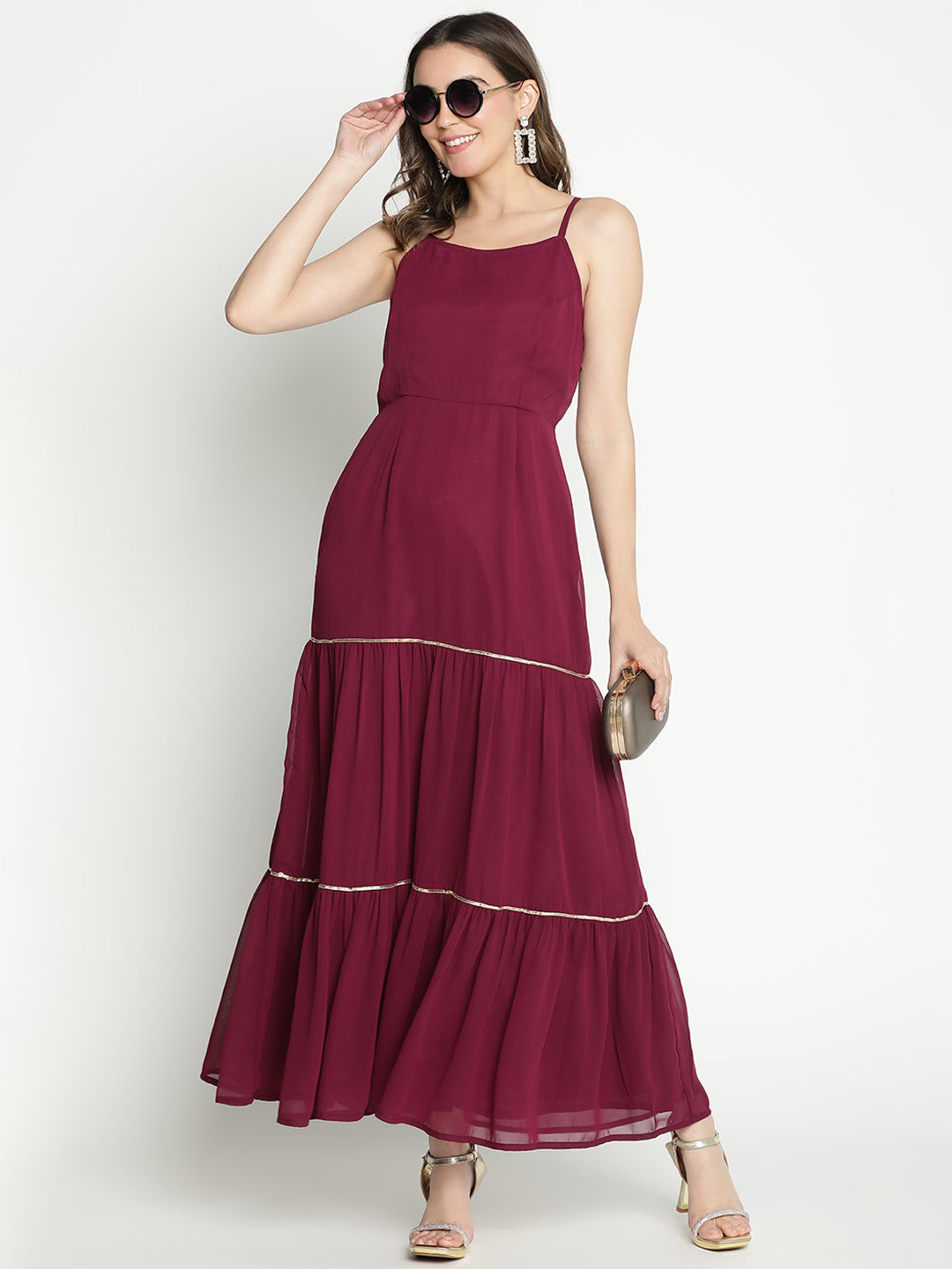 Maxi,Maroon Dress,Maxi Dress,Round Neck Dress,Sleeveless Dress,Maroon Solid Dress