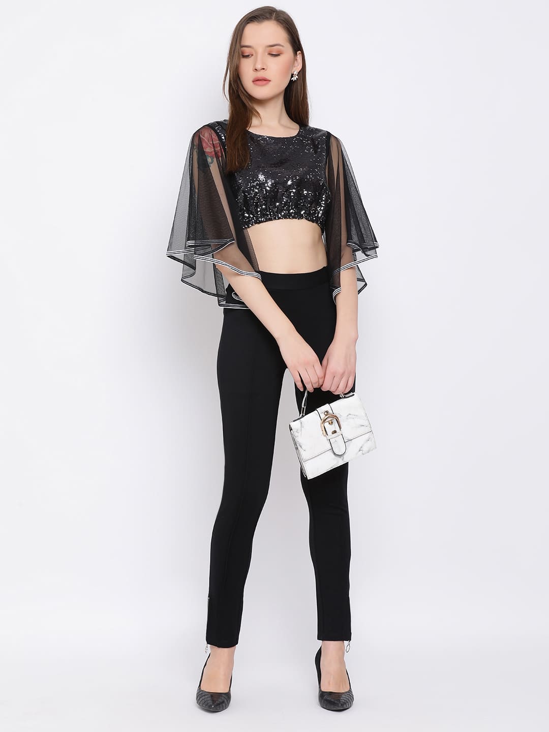 Crop Top,Black Top,Crop Top,Round Neck Top,Quater Sleeves Top,Black Sequined Top