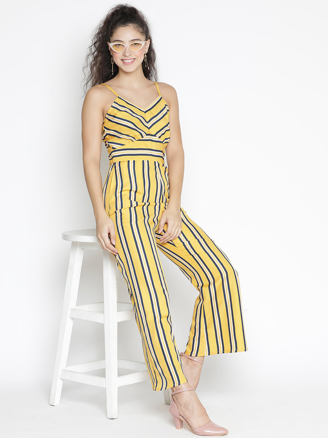 Ankle Length,Yellow Jumpsuit,Ankle Length Jumpsuit,V-Neck Jumpsuit,Sleeveless Jumpsuit,Yellow Stripes Jumpsuit