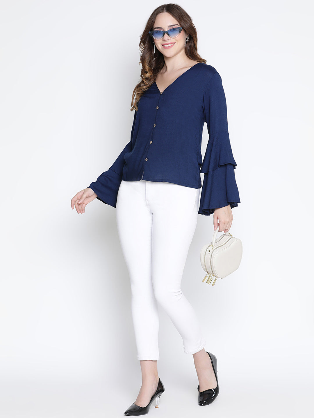 Regular,Blue Top,Regular Top,V-Neck Top,Full Sleeves Top,Blue Solid Top