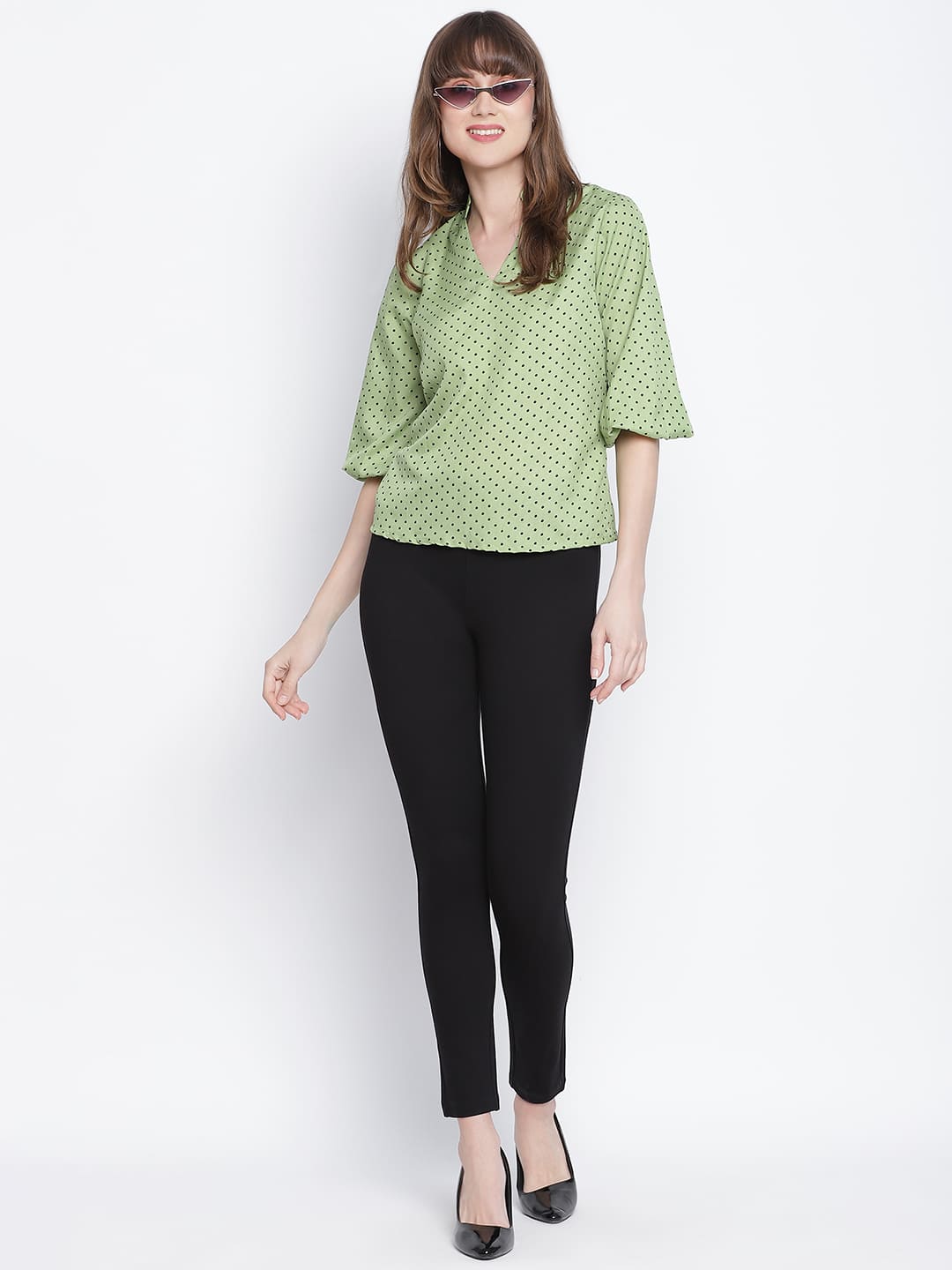 Regular,Green Top,Regular Top,V-Neck Top,Quater Sleeves Top,Green Polka Dots Top