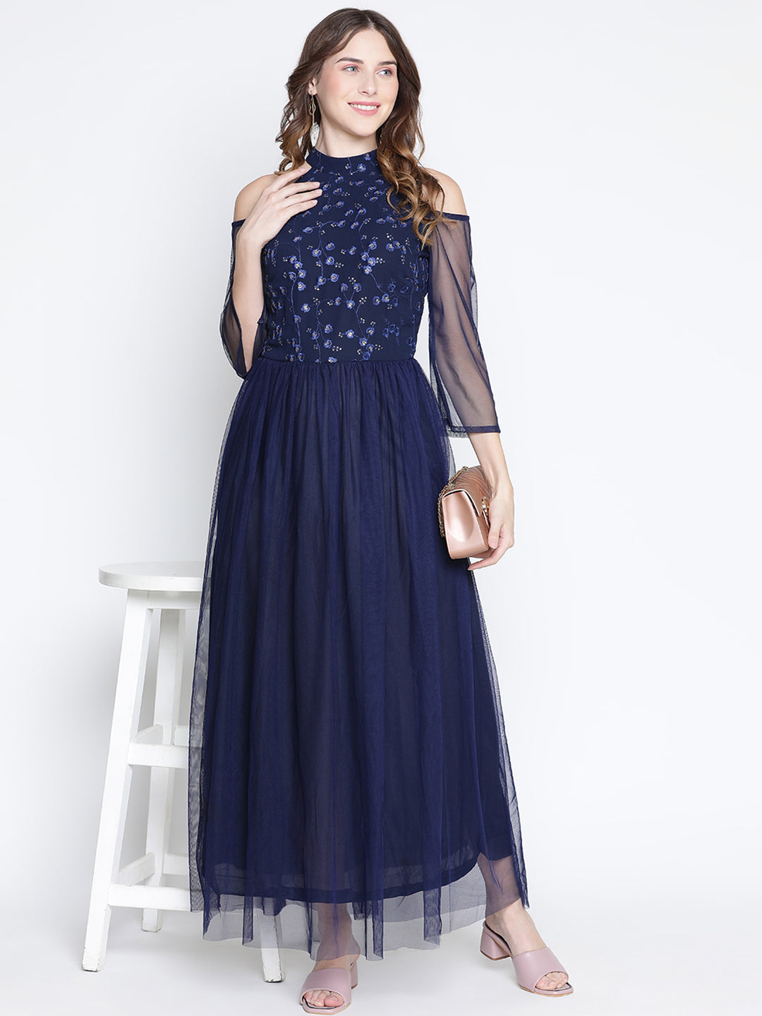 Maxi,Blue Dress,Maxi Dress,Round Neck Dress,Quater Sleeves Dress,Blue Sequined Dress