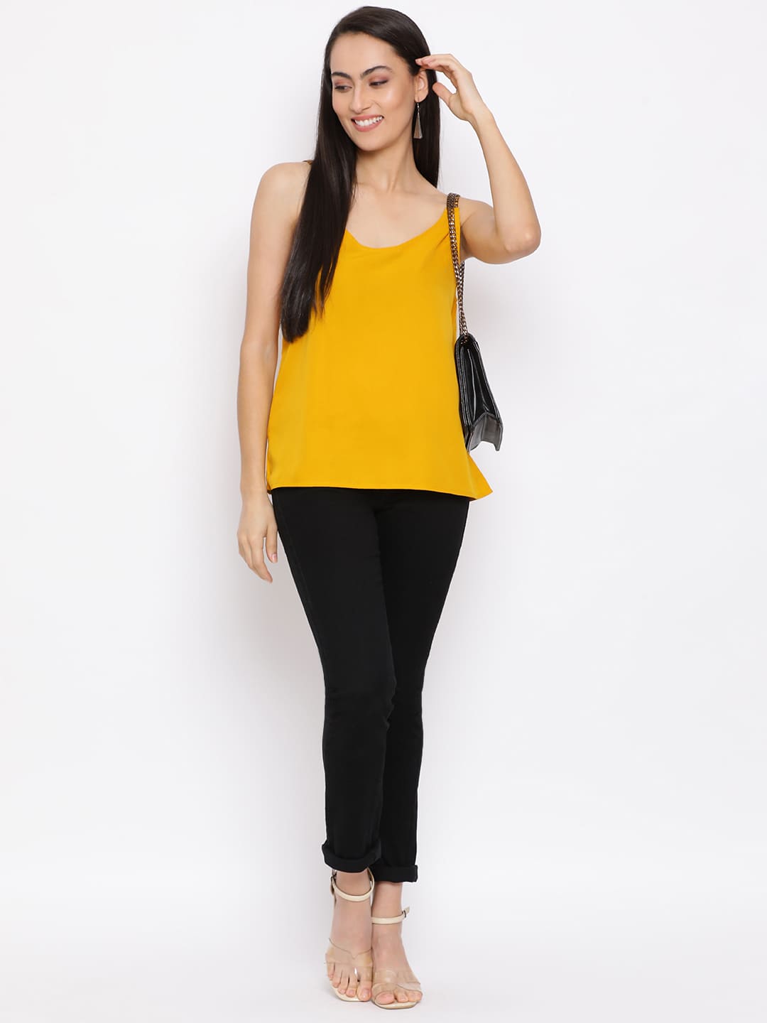 Spaghetti Top,Yellow Top,Spaghetti Top,V-Neck Top,Sleeveless Top,Yellow Solid Top