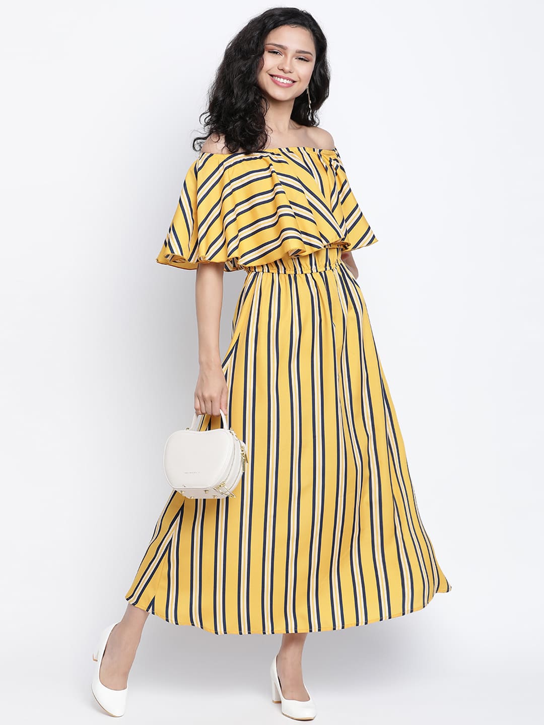 Midi,Yellow Dress,Midi Dress,Off Shoulder Dress,Sleeveless Dress,Yellow Stripes Dress