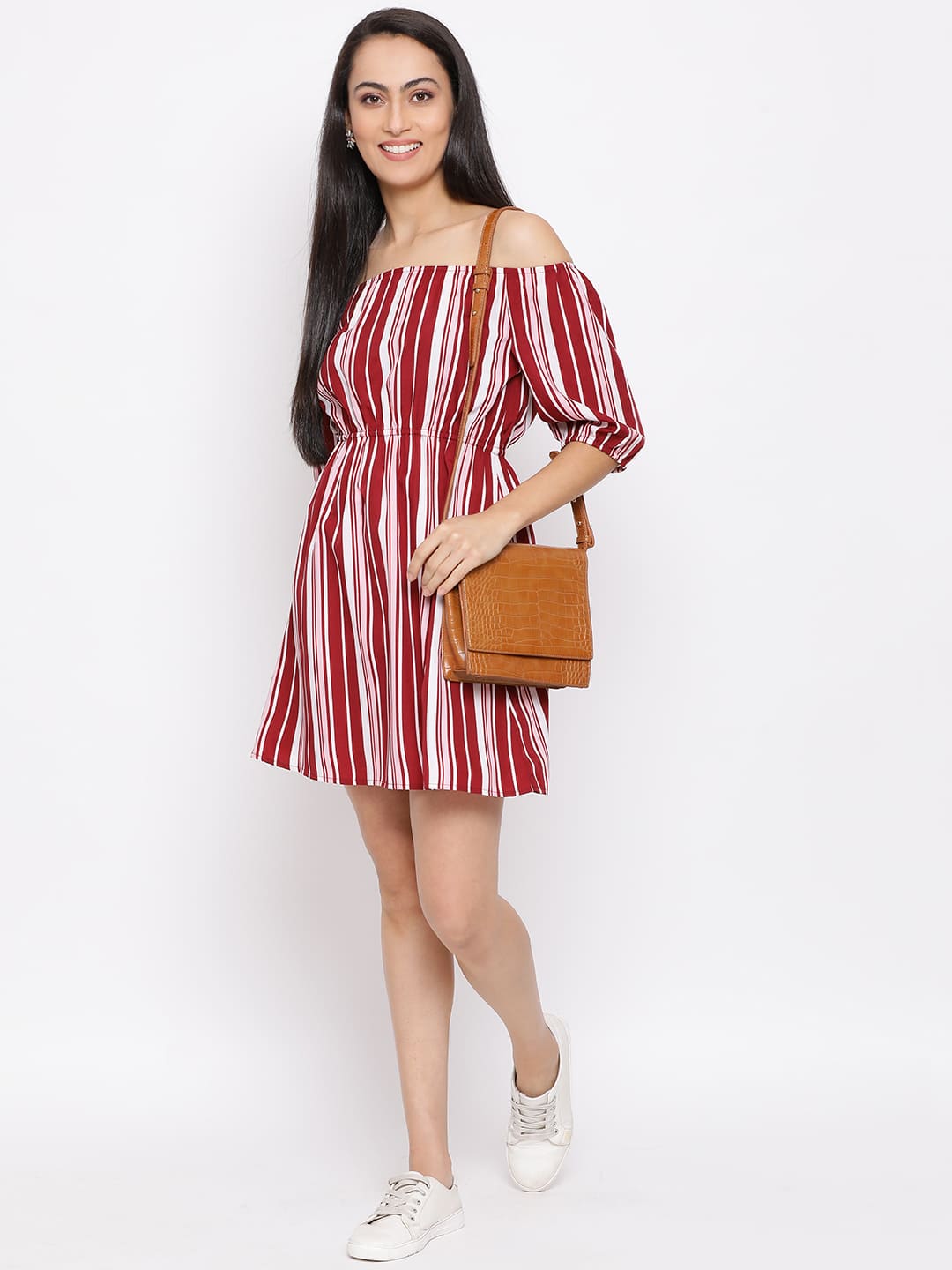 Knee Length,Red Dress,Knee Length Dress,Off Shoulder Dress,Sleeveless Dress,Red Stripes Dress