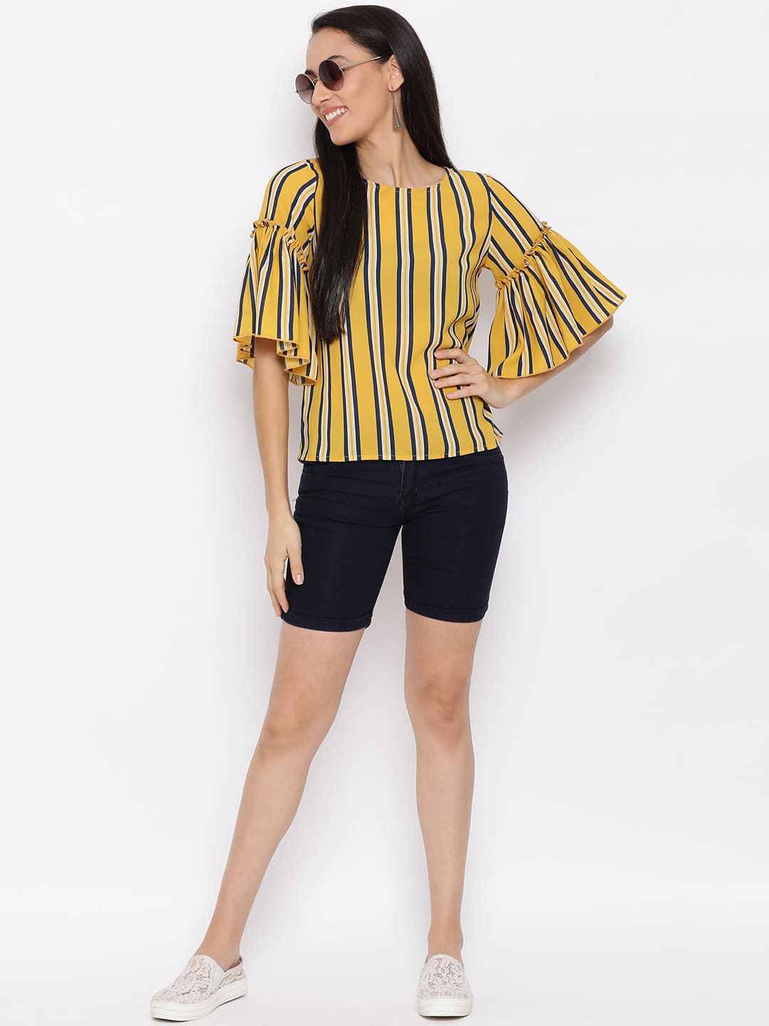 Regular,Yellow Top,Regular Top,Round Neck Top,Quater Sleeves Top,Yellow Stripes Top