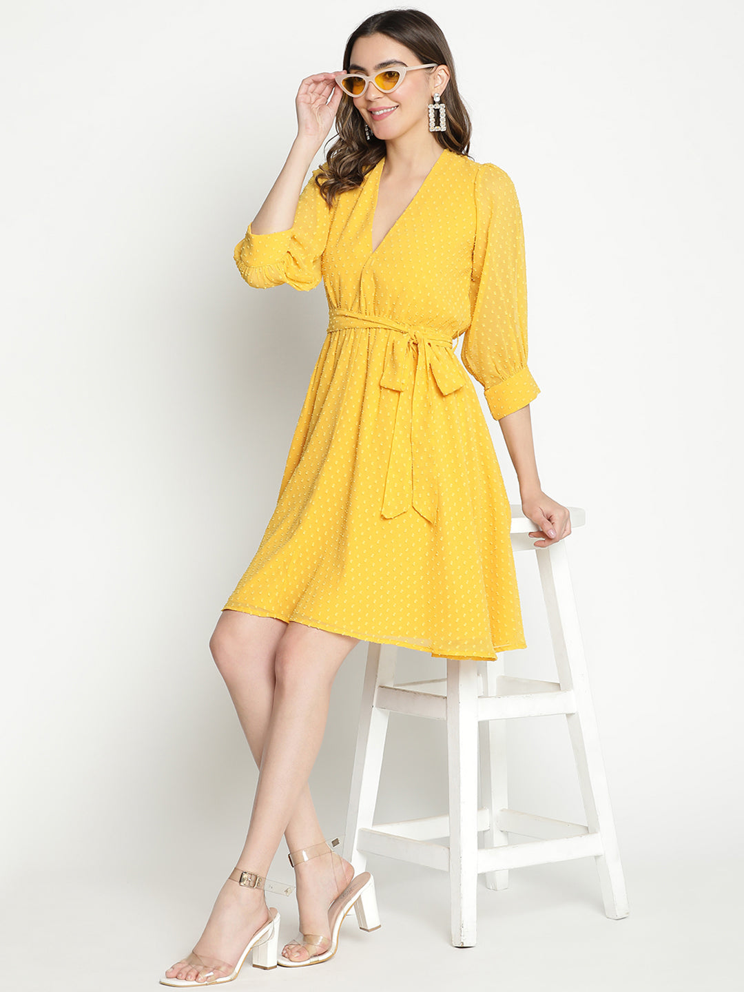 Knee Length,Yellow Dress,Knee Length Dress,V-Neck Dress,Quater Sleeves Dress,Yellow Solid Dress