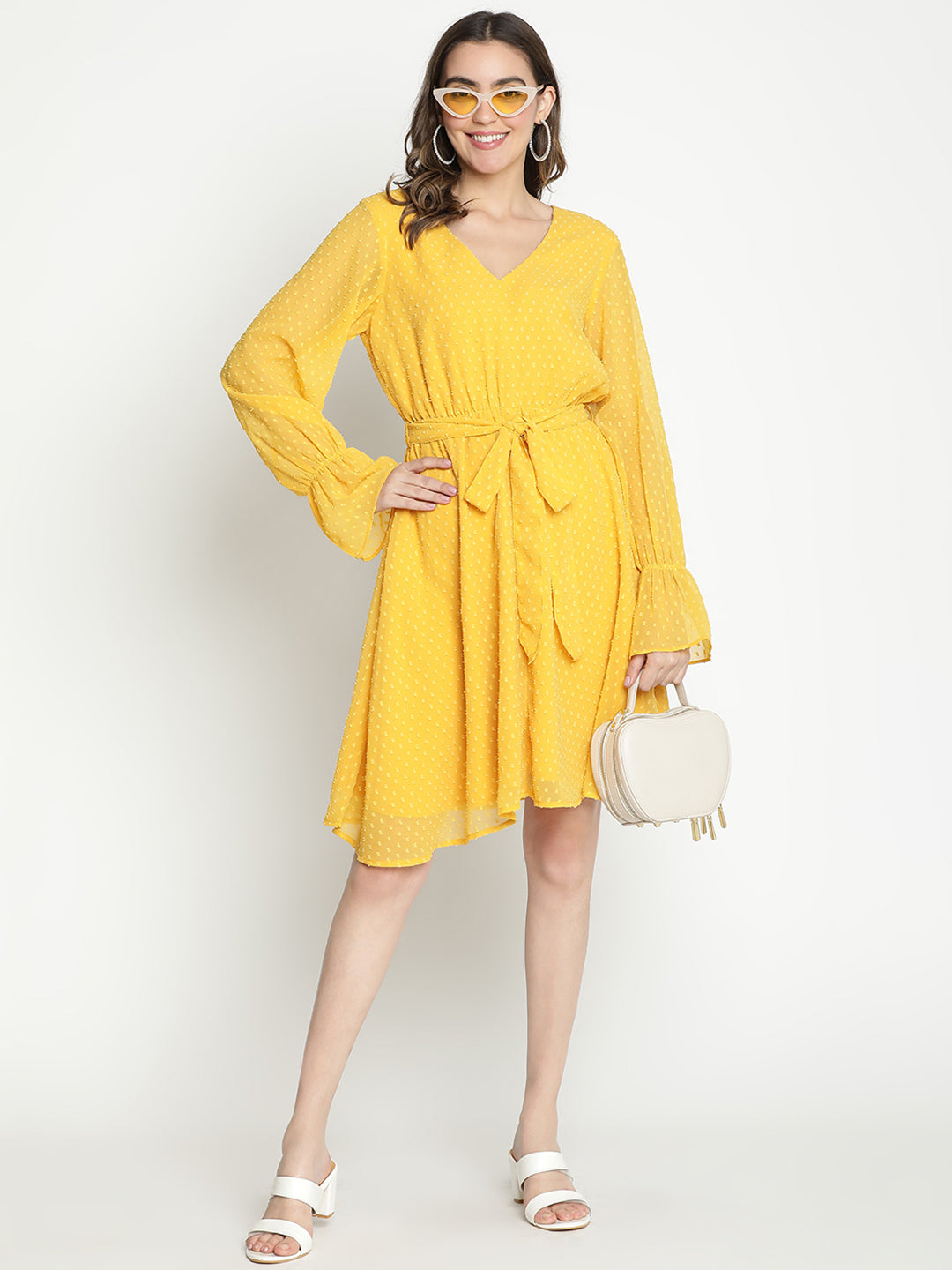 Knee Length,Yellow Dress,Knee Length Dress,V-Neck Dress,Full Sleeves Dress,Yellow Solid Dress