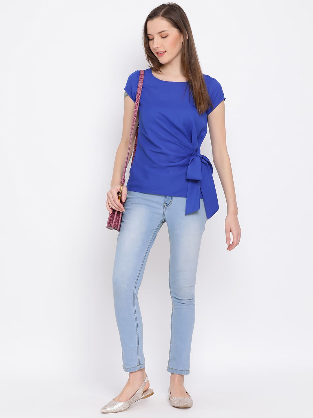 Regular,Blue Top,Regular Top,Round Neck Top,Short Sleeves Top,Blue Solid Top