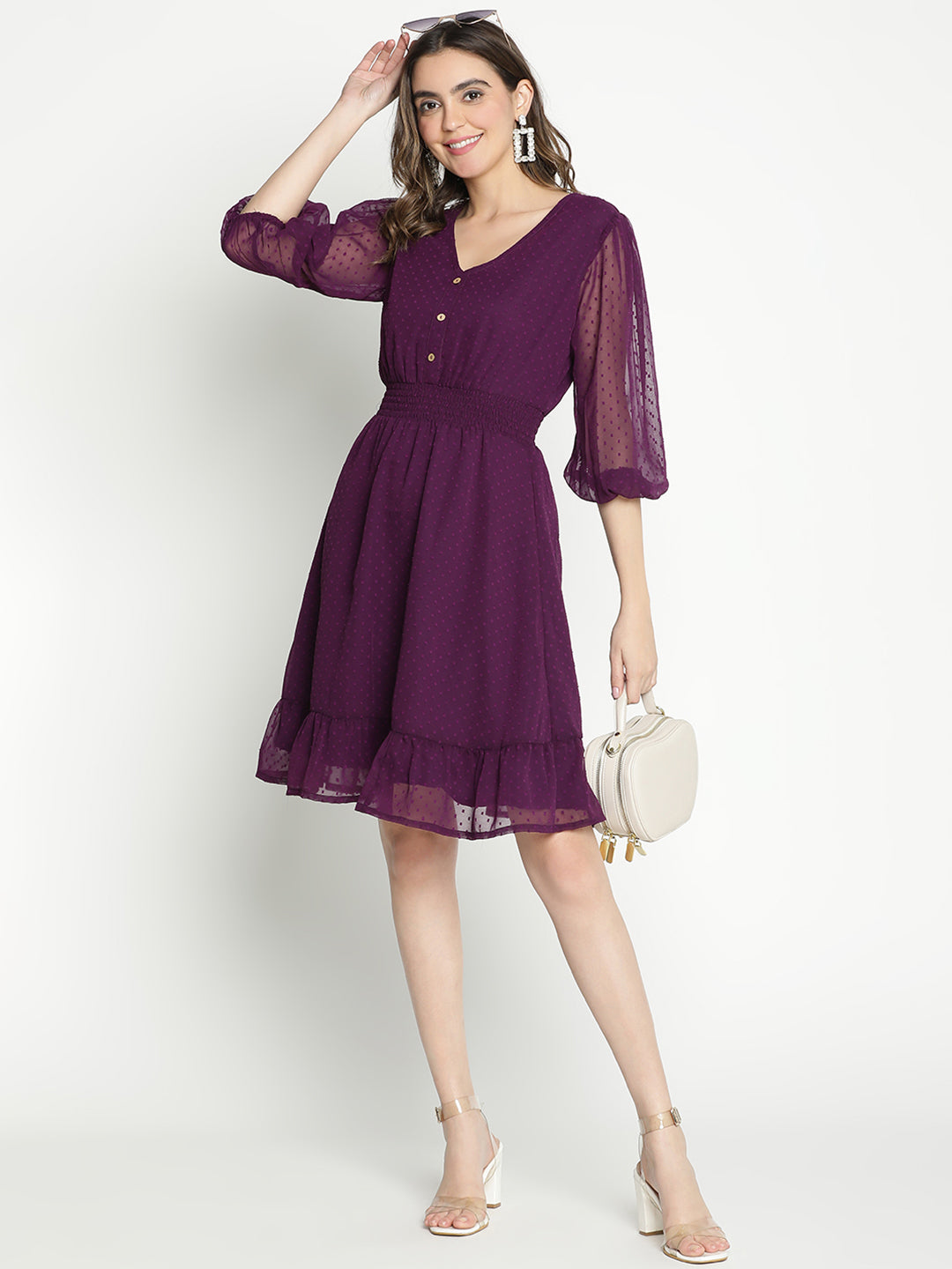 Knee Length,Purple Dress,Knee Length Dress,V-Neck Dress,Quater Sleeves Dress,Purple Solid Dress