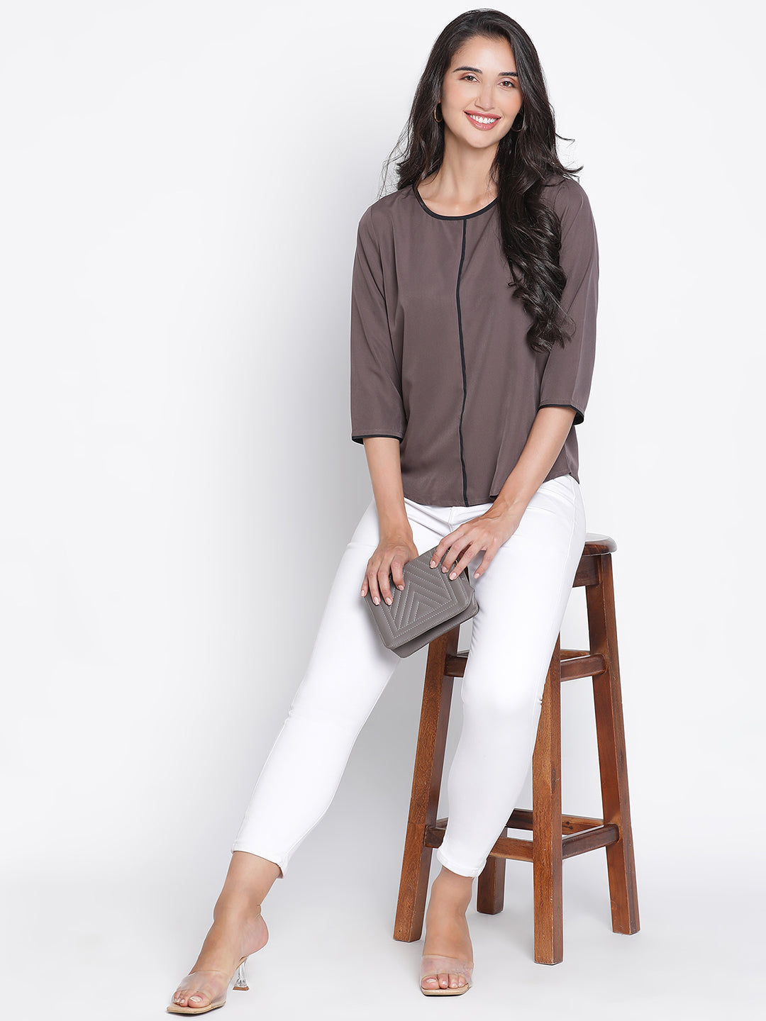 Regular,Grey Top,Regular Top,Round Neck Top,Quater Sleeves Top,Grey Solid Top