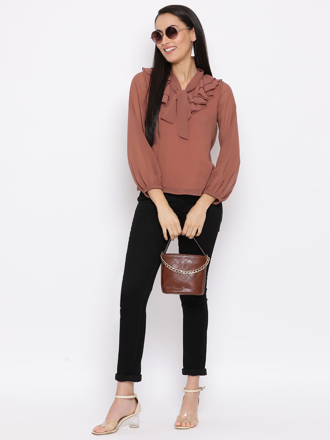 Regular,Brown Top,Regular Top,V-Neck Top,Full Sleeves Top,Brown Solid Top