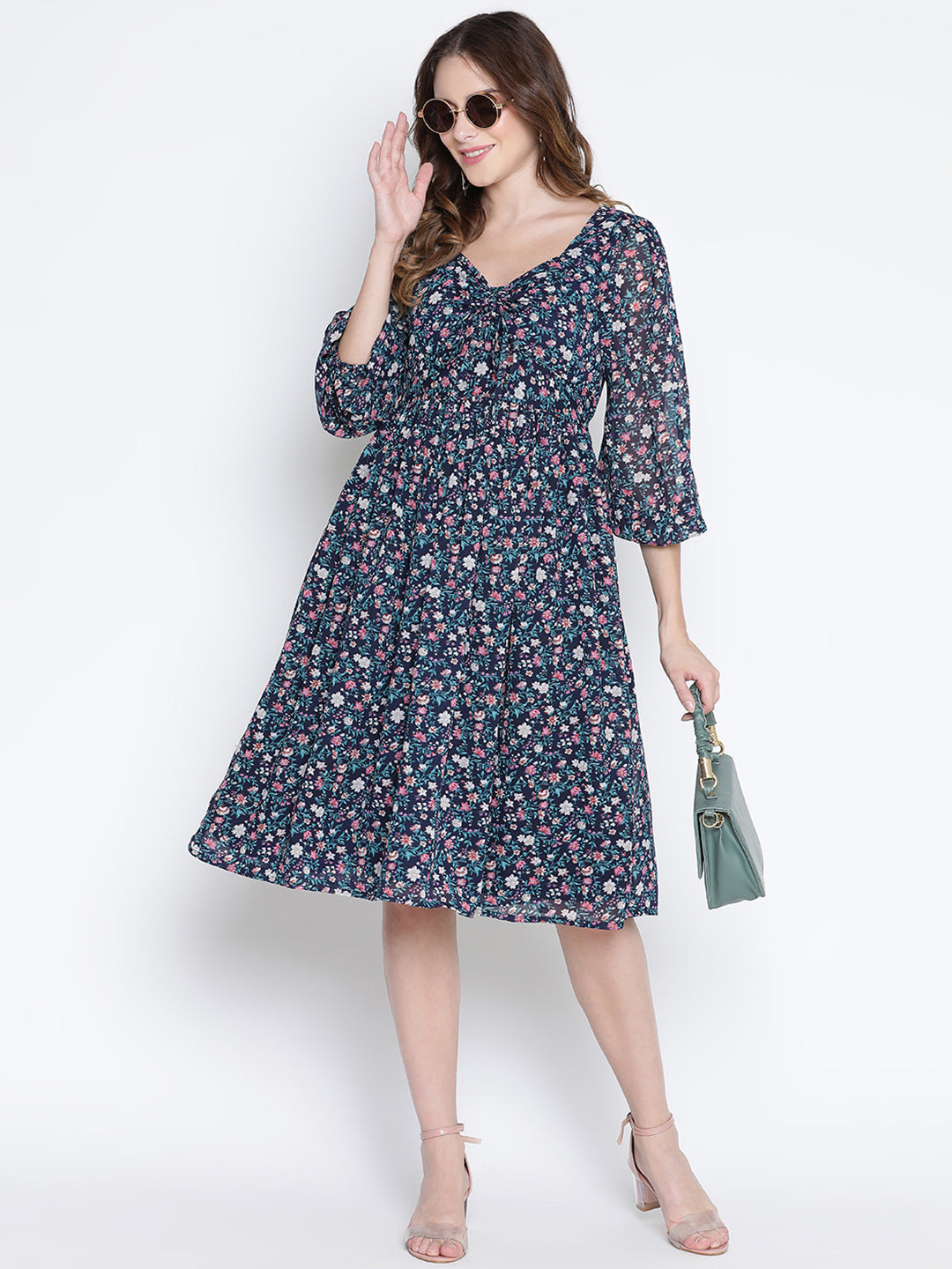 Knee Length,Blue Dress,Knee Length Dress,V-Neck Dress,Quater Sleeves Dress,Blue Floral Print Dress