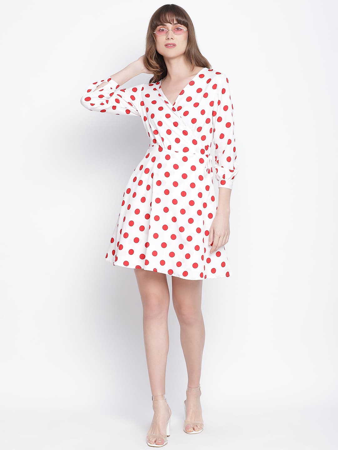 Knee Length,Multicolor Dress,Knee Length Dress,V-Neck Dress,Quater Sleeves Dress,Multi Polka Dots Dress