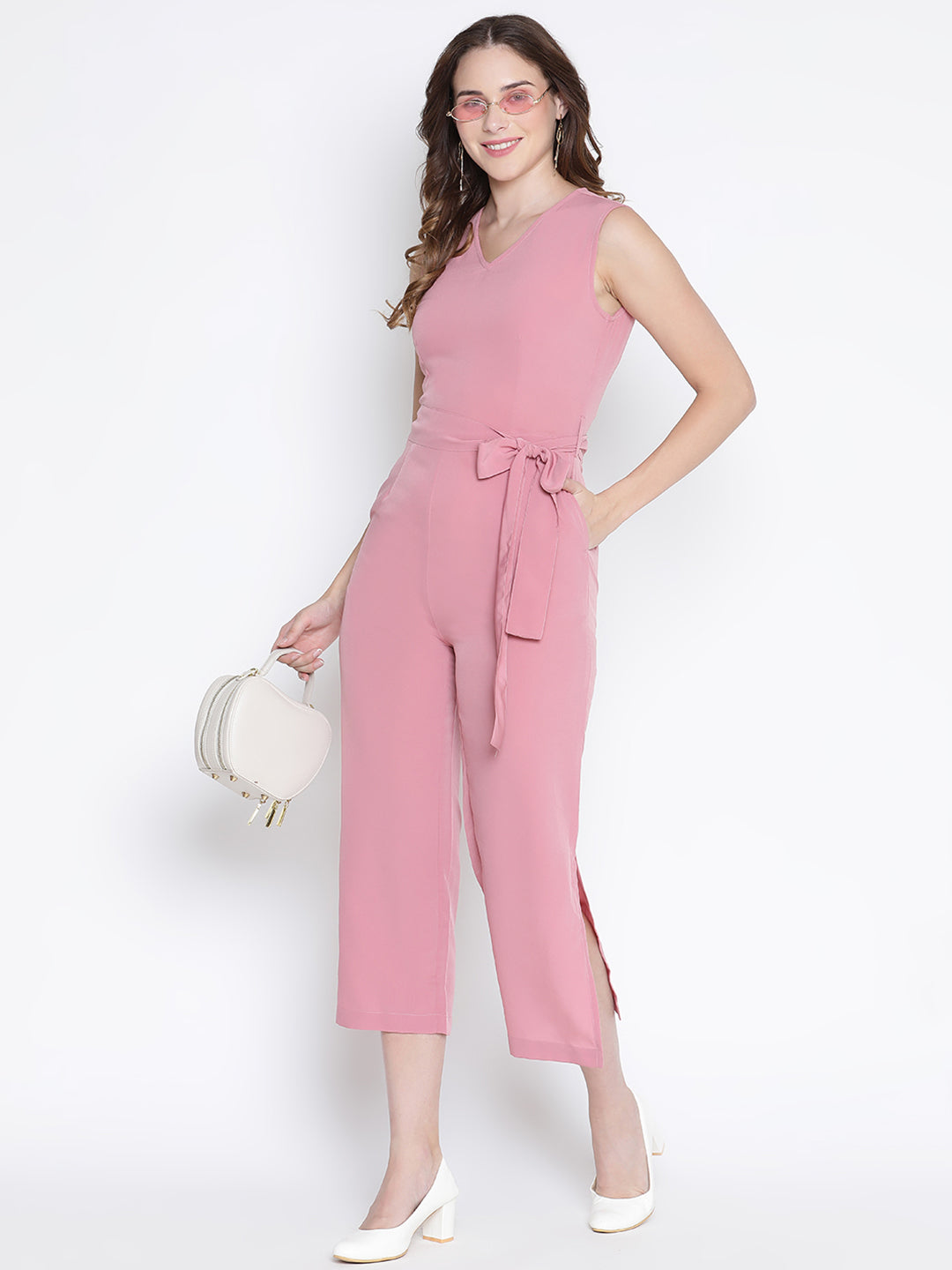 Ankle Length,Pink Jumpsuit,Ankle Length Jumpsuit,V-Neck Jumpsuit,Sleeveless Jumpsuit,Pink Solid Jumpsuit