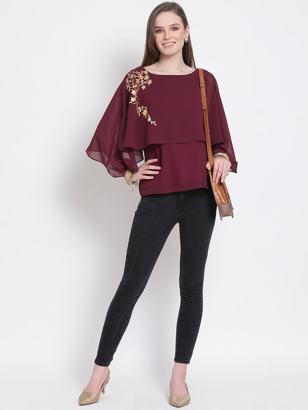 Regular,Maroon Top,Regular Top,Round Neck Top,Quater Sleeves Top,Maroon Embellished Top