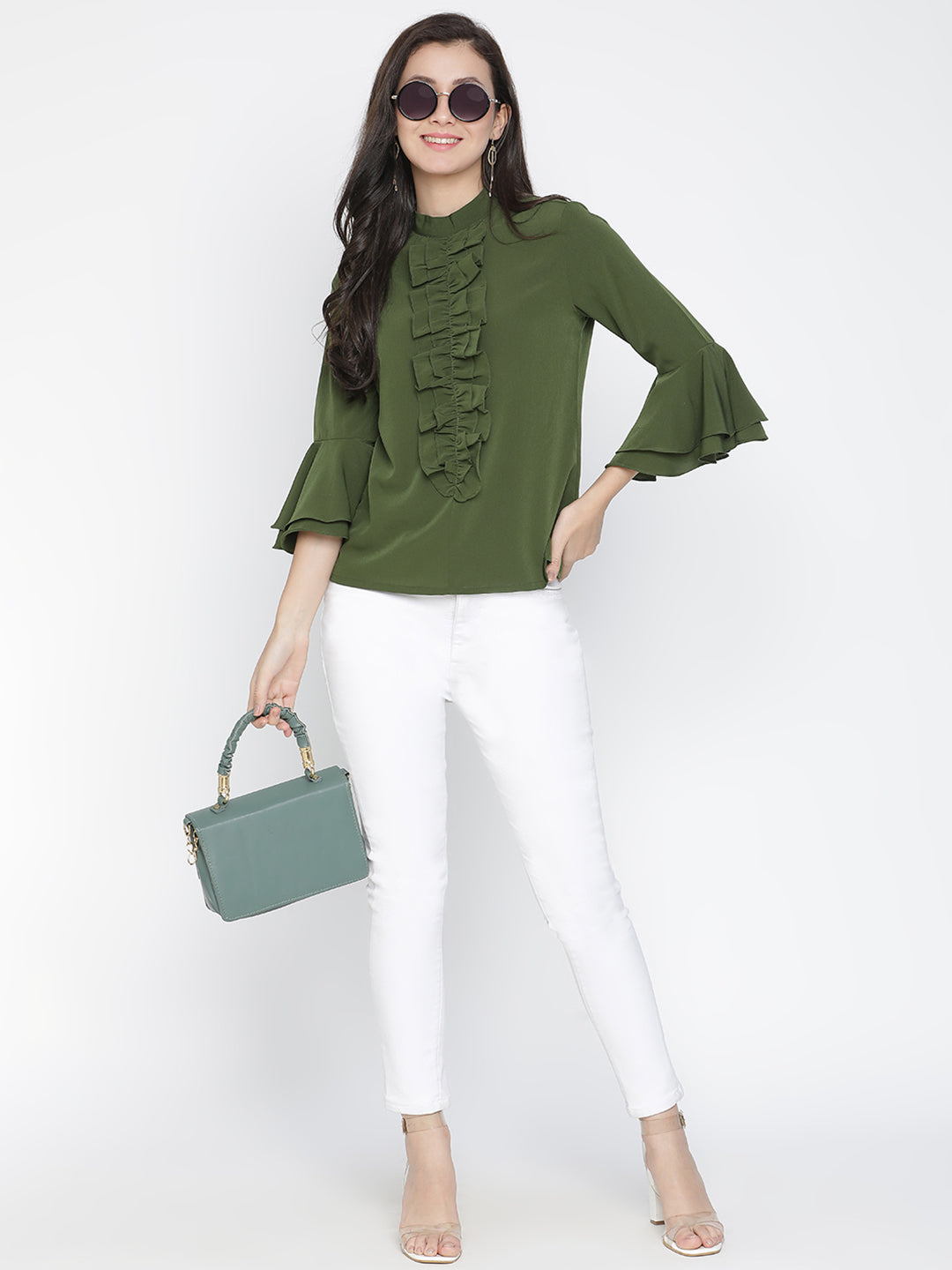 Regular,Green Top,Regular Top,Round Neck Top,Quater Sleeves Top,Green Solid Top