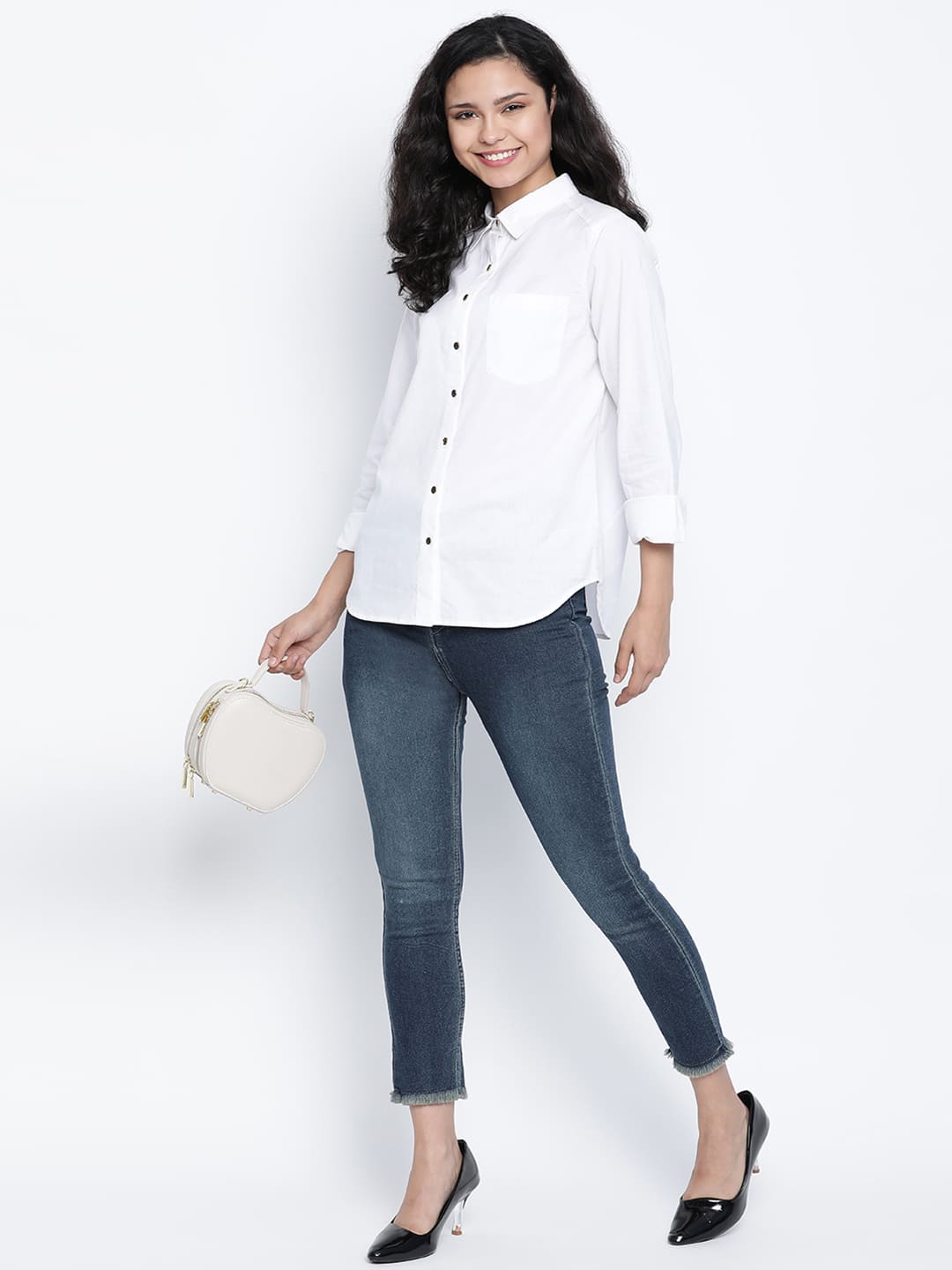 Regular,White Top,Regular Top,Collared Neck Top,Full Sleeves Top,White Solid Top