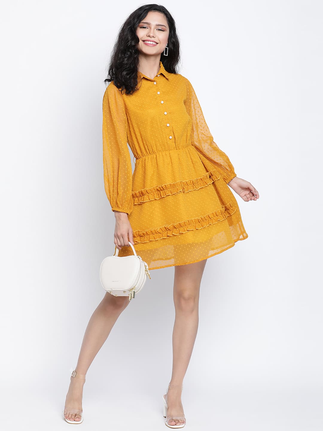 Knee Length,Yellow Dress,Knee Length Dress,Collared Neck Dress,Full Sleeves Dress,Yellow Solid Dress