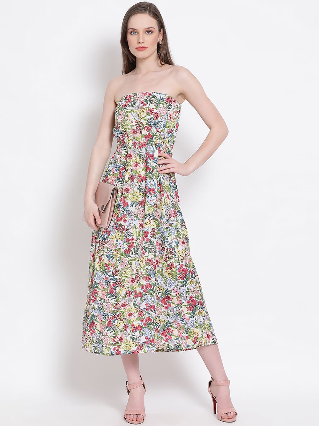 Midi,Multicolor Dress,Midi Dress,Off Shoulder Dress,Sleeveless Dress,Multi Floral Print Dress