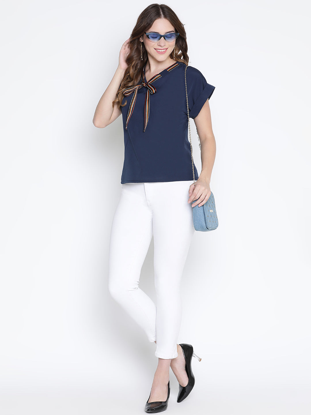 Regular,Blue Top,Regular Top,V-Neck Top,Short Sleeves Top,Blue Solid Top